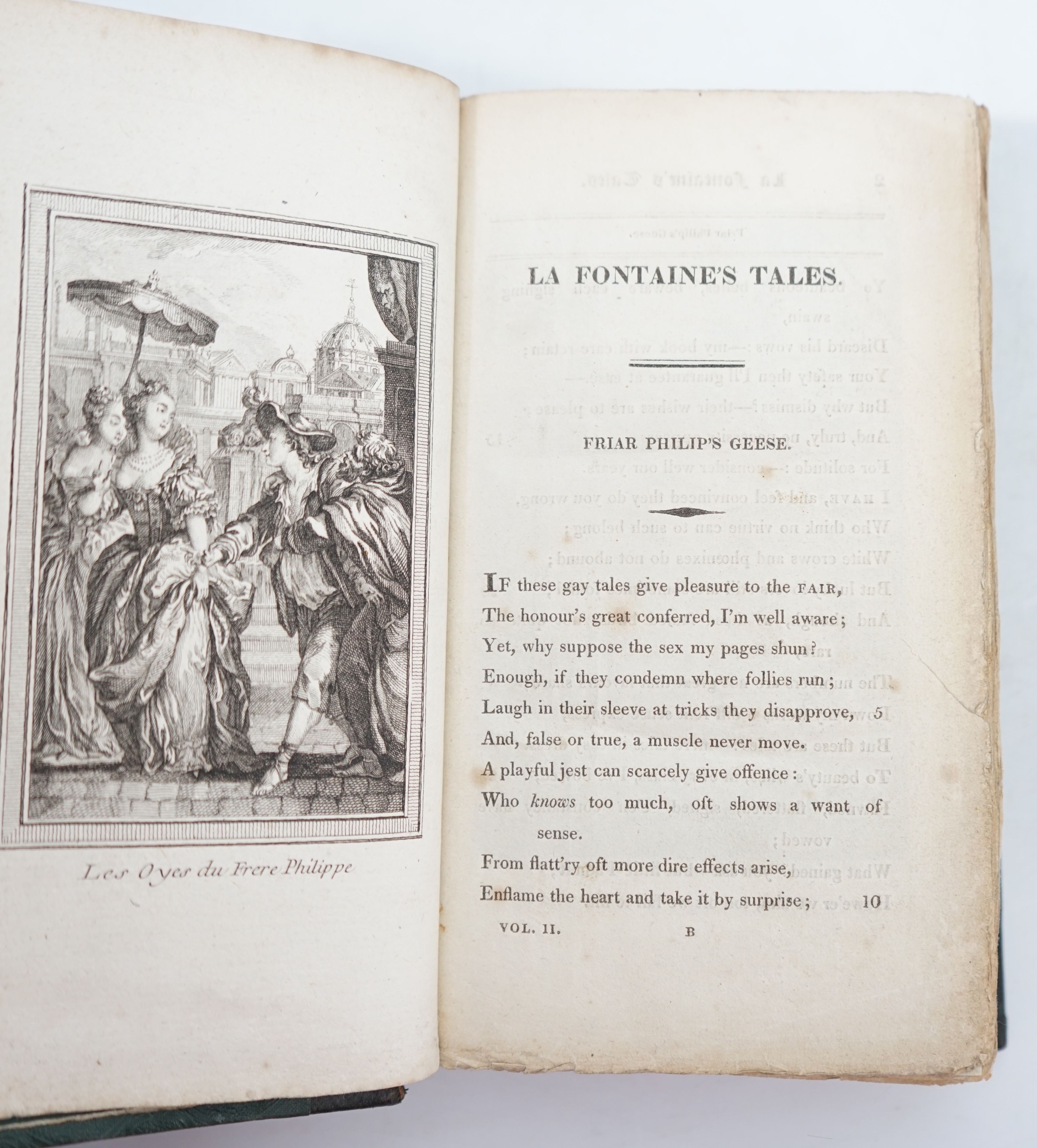 La Fontaine, Jean de - La Fontaine’s Tales: Imitated in English Verse, 2 vols, 12mo, half green morocco with blind stamped cloth boards, first complete edition in English, with engraved portrait frontispiece and extra il